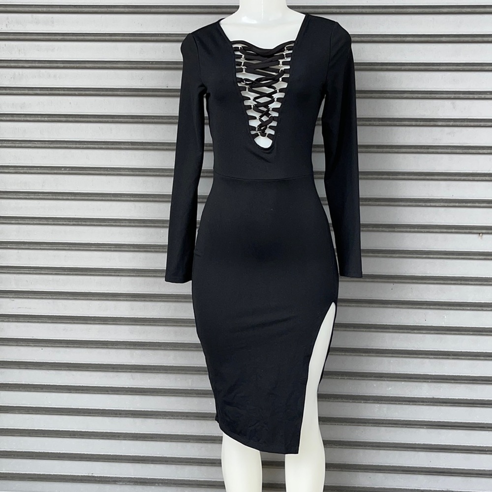 Donna Mizani Black Dress Deep V Lace Side Slit Size M